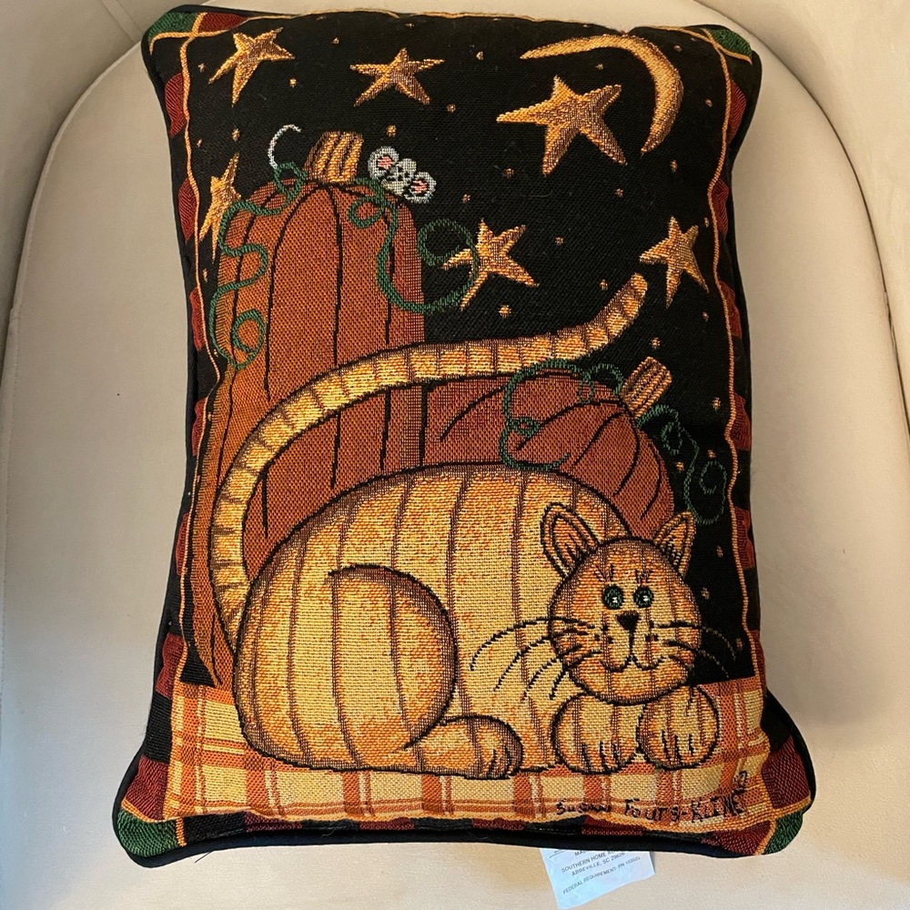 Festive Cat and Pumpkin Pillow